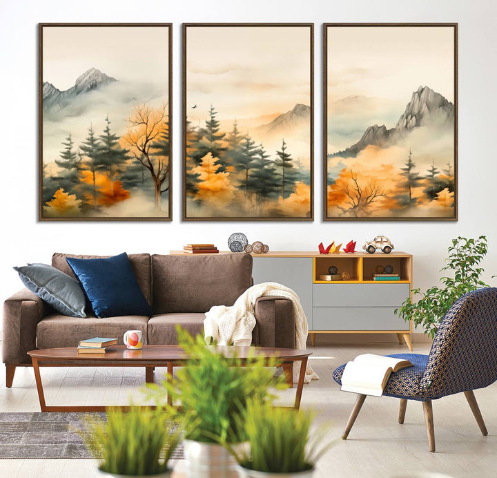 A wall art of Abstract Watercolor Mountains and Trees Autumn on museum-quality canvas.