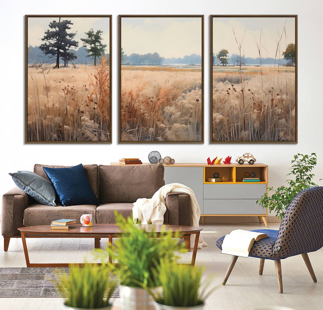 The Golden Fields Canvas Art Print, depicting a serene landscape, adds tranquility with its presence.