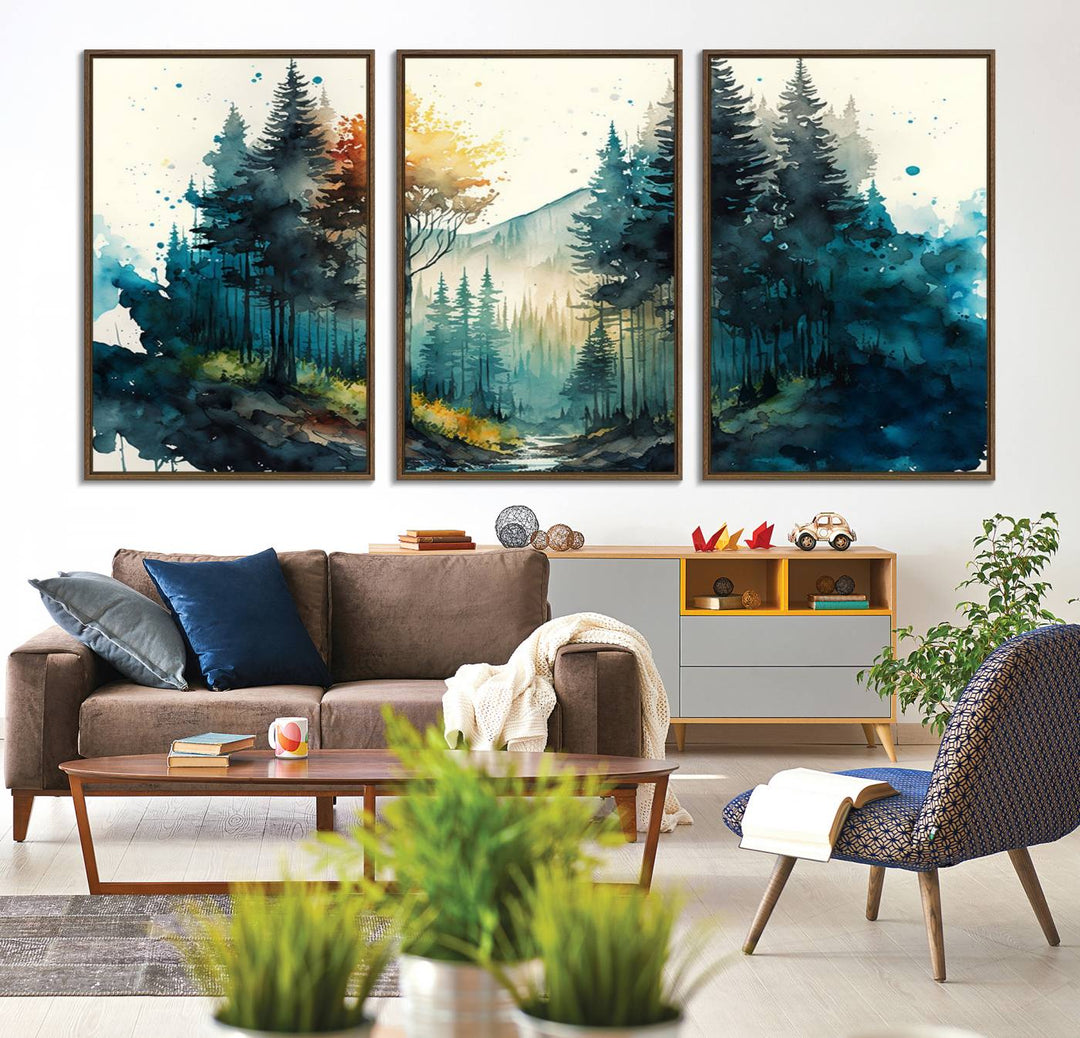 The Watercolor Trees Forest Abstract canvas print is displayed prominently.