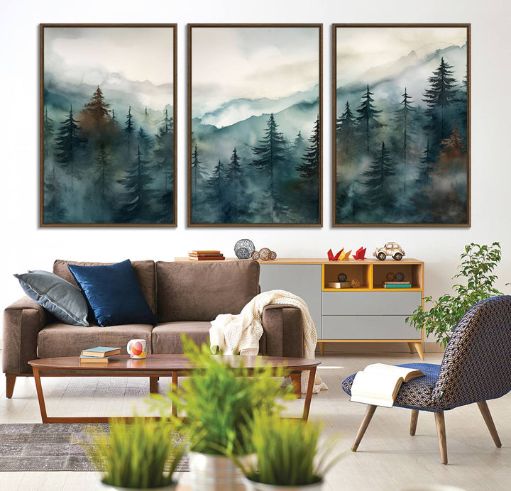 Serenity Forest Wall Art Canvas above the table adds a nature-inspired vibe to the space.