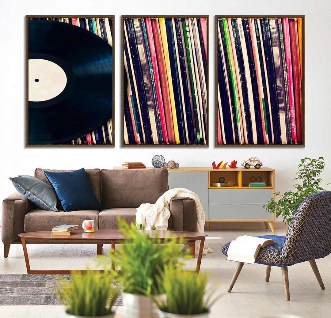 The Vinyl Record and Album Collection Canvas above the dining table enhances the modern kitchen, creating a perfect aesthetic for vintage vinyl lovers.