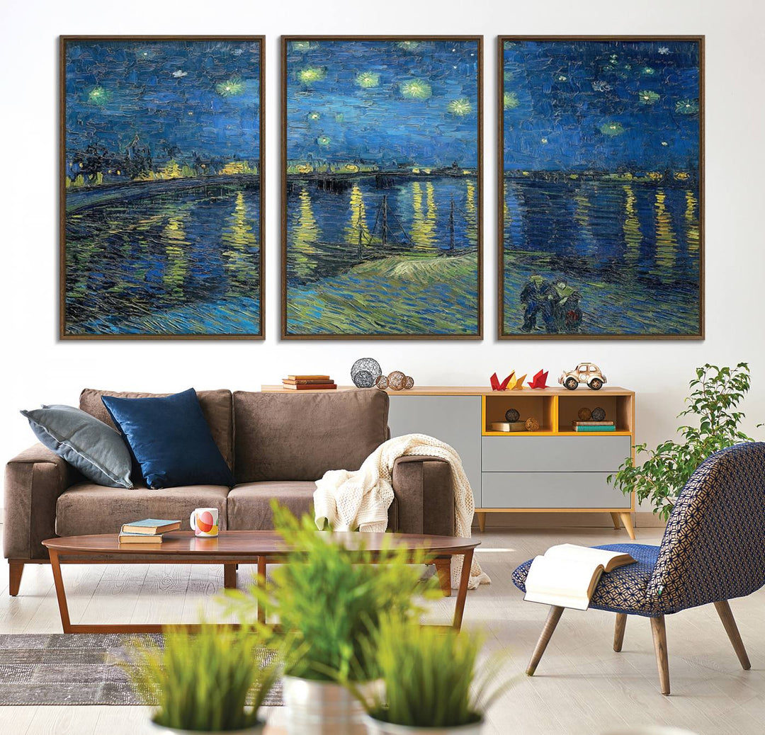 A Vincent van Gogh Starry Night over the Rhone canvas print is displayed on a porch.