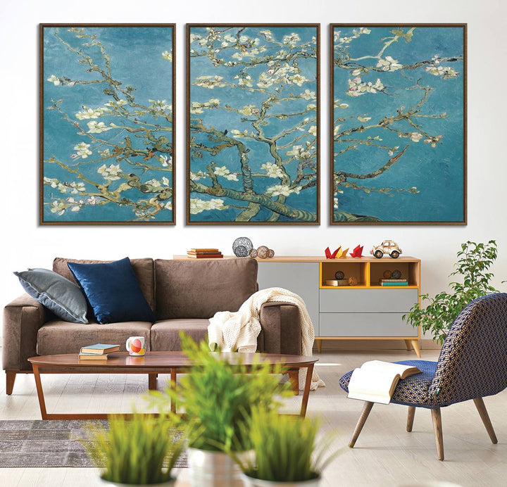 The wall art, Vincent Van Goghs Almond Blossom, stands out with its vibrant depiction against a serene blue background.