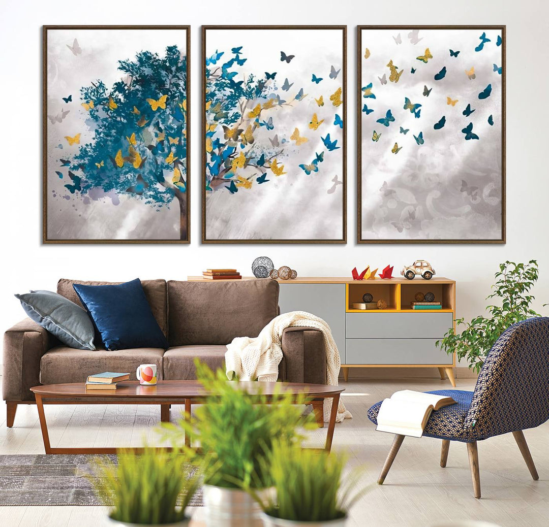 The modern dining room features Tree Butterfly Abstract Wall Art, adding a touch of nature-inspired decor.