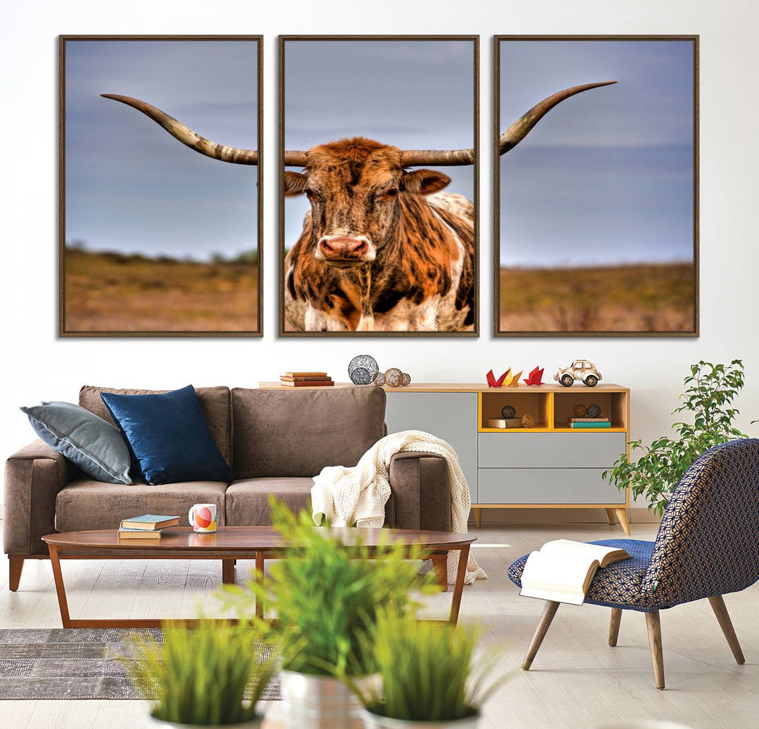 The Texas Longhorn Wall Art Print is displayed in a stylish living room.