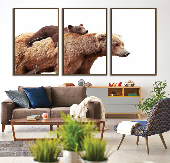 Mother and Baby Bear canvas: an adorable wildlife print displayed on a dark green wall.