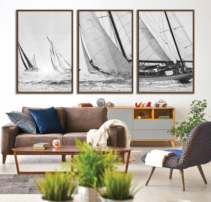 Yacht Sailboat Regatta canvas print on a textured wooden wall.