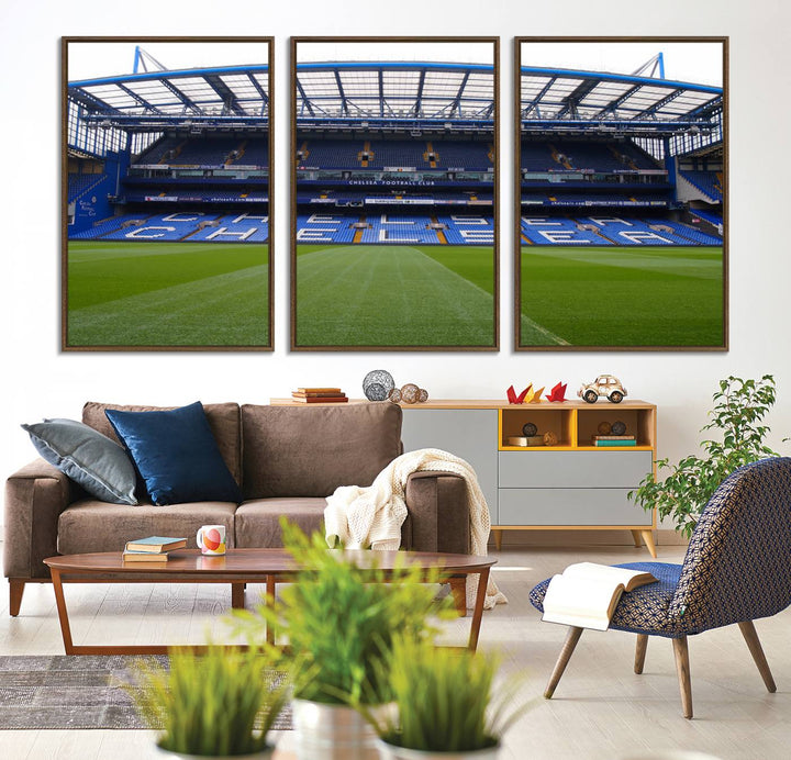 The wall art features a Chelsea FC Stamford Bridge Stadium canvas print.