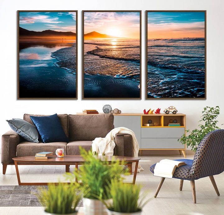 The Sunset Beach Ocean Canvas Wall Art – Tranquil Reflections at Dusk enhances the ambiance with its captivating depiction of serene ocean views at dusk.