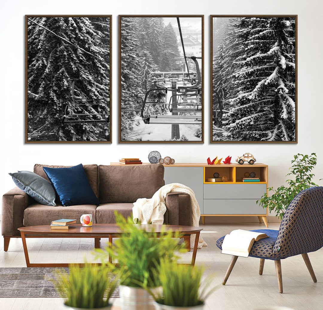 The Winter Ski Lift Canvas in minimalist style adds a unique touch to the dining room.