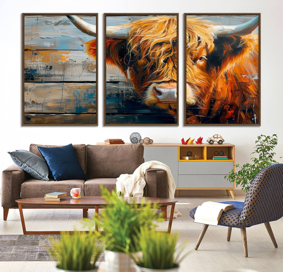 The dining room features Highland Cow Abstract Canvas Wall Art in a farmhouse rustic decor style.