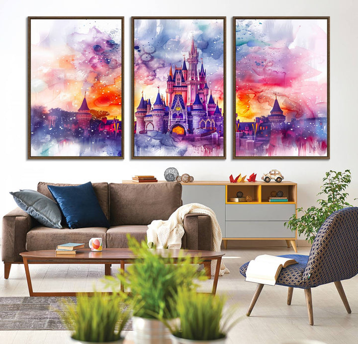 The watercolor Disney Wall Art showcases Cinderellas Castle in pink, purple, and orange hues.