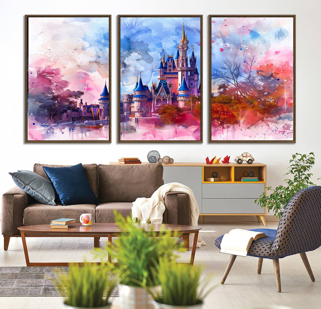 A Disney Wall Art: Dreamy Watercolor Cinderella Castle Canvas Print hangs prominently.