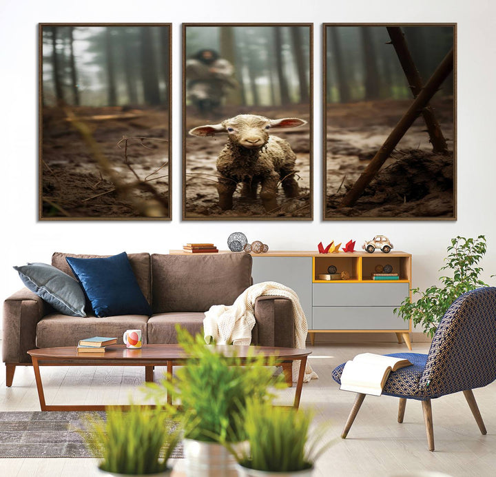 The Jesus Lost Lamb Canvas Wall Art features a heartwarming woodland scene, beautifully capturing the essence of serenity and grace.