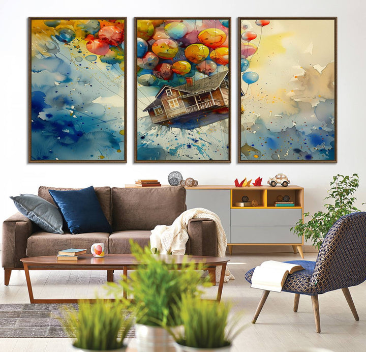 The UP-Inspired triptych canvas art adds whimsy with its colorful floating house and balloons.