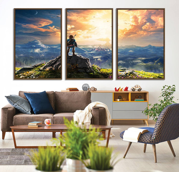 A vibrant Legend of Zelda Breath of the Wild canvas print depicts a figure standing on a rock with mountains and sky in the background.