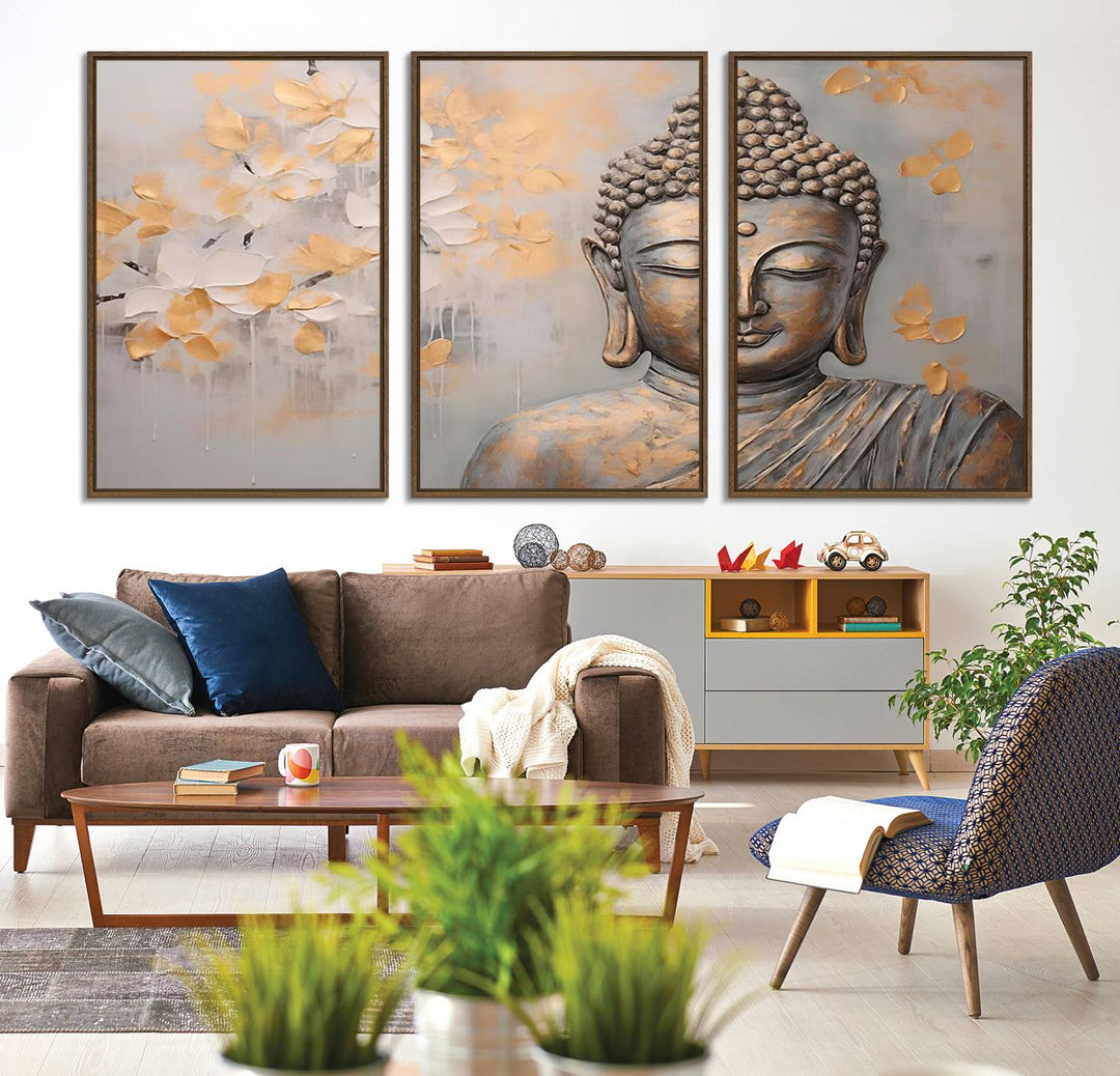 The serene dining room features Abstract Buddha Statue Wall Art.