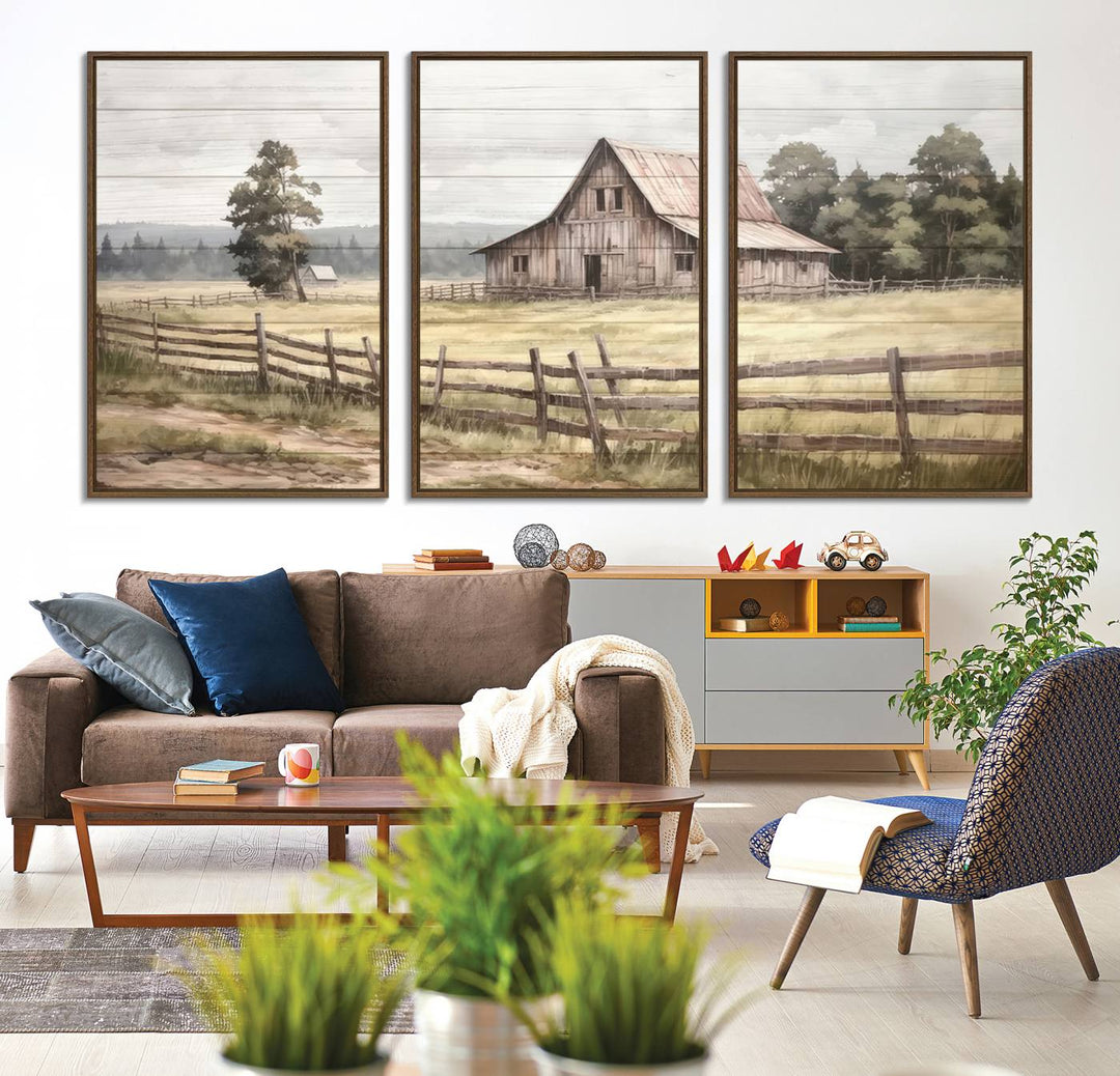 The wall is adorned with a Rustic Farmhouse Barn Wall Art.