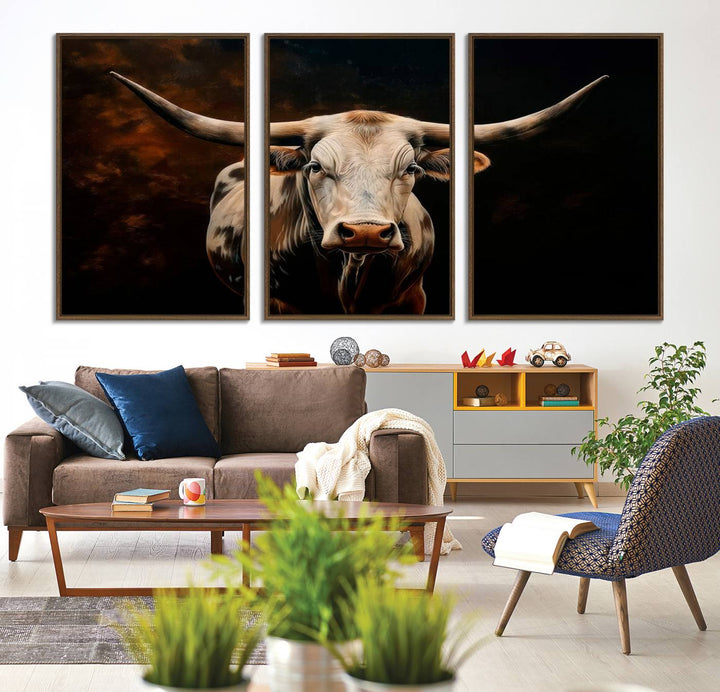 A large 3-panel Texas Longhorn canvas print dominates the space.