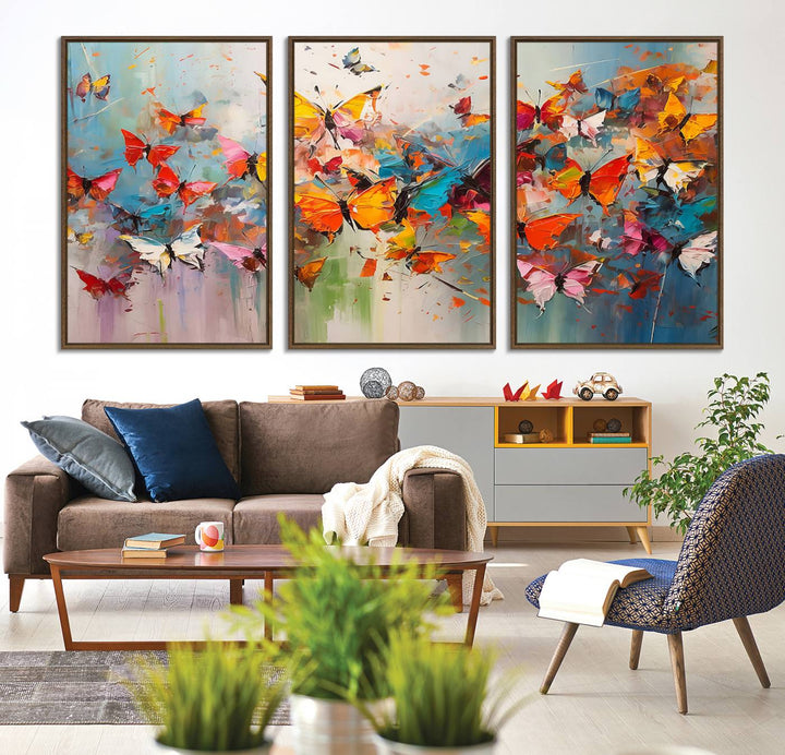 The Abstract Butterfly Wall Art Canvas Print hangs prominently, adding a touch of elegance and creativity to the room.