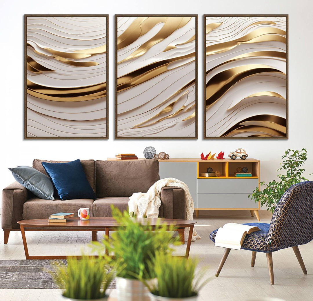 A Gold and White Abstract Wave Canvas with luxurious golden accents.