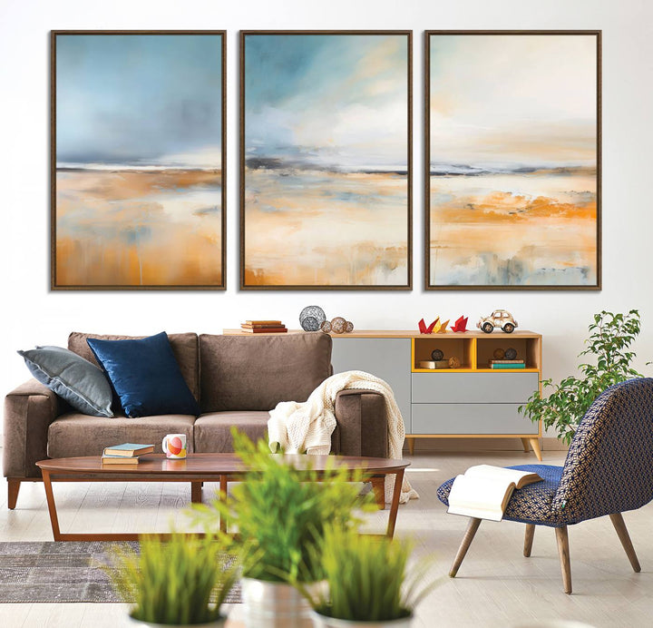 Abstract Landscape Wall Art in warm tones of orange and blue.