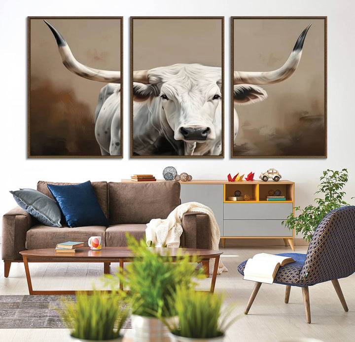 The kitchen features a striking canvas print of a Longhorn Bull.