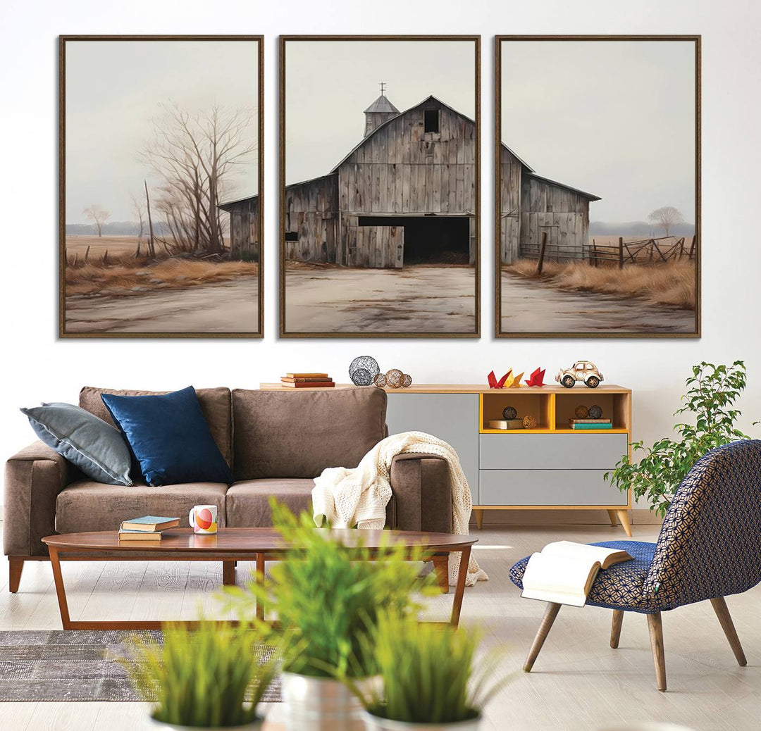 The Farmhouse Rustic Barn Wall Art Canvas Print, framed and ready to hang, enhances the farmhouse décor.