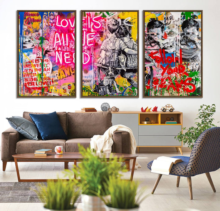 A vibrant and dynamic triptych features distorted horizontal lines, resembling graffiti street art. This artwork conveys the themes of "Follow Your Dreams" and "Love is All We Need" across three colorful panels.