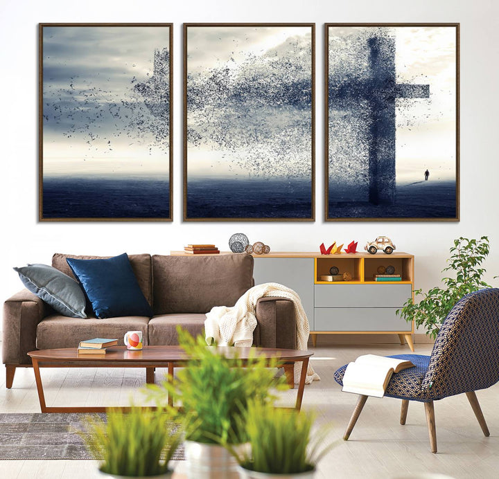 The Jesus and the Fading Cross wall art portrays a moody landscape.