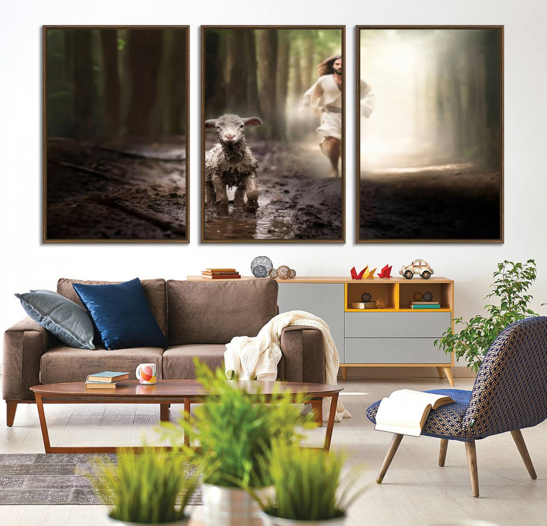 The Jesus Running After Lost Lamb canvas wall art adds a touch of spiritual significance.