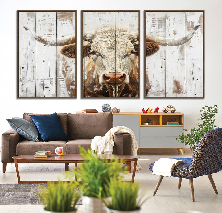 A Western-inspired Rustic Longhorn Bull Wall Art Canvas Set.