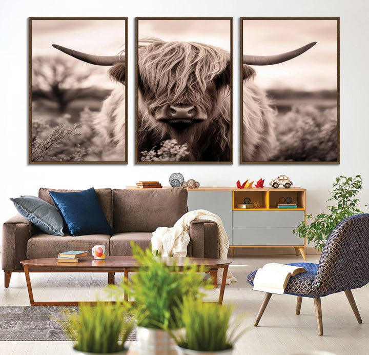 The Scottish Cow Longhorn Wall Art Canvas Print adds charm to the kitchen.