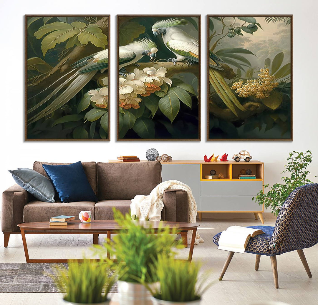 The Tropical Paradise Wall Art features a parrot in a lush forest.