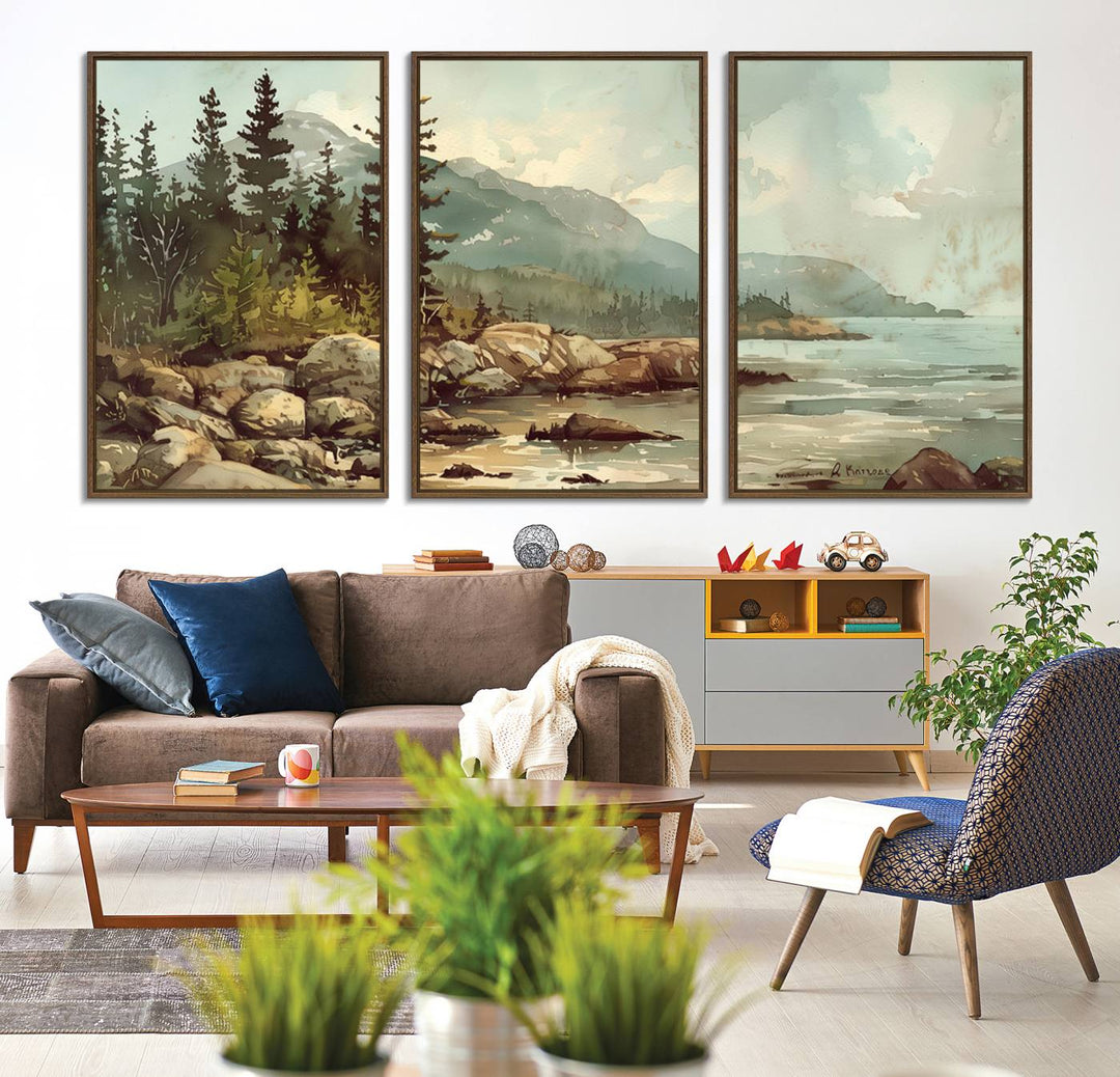 Framed Abstract Acadia National Park wall art, depicting a rocky coastline with trees and mountains, ready to hang.