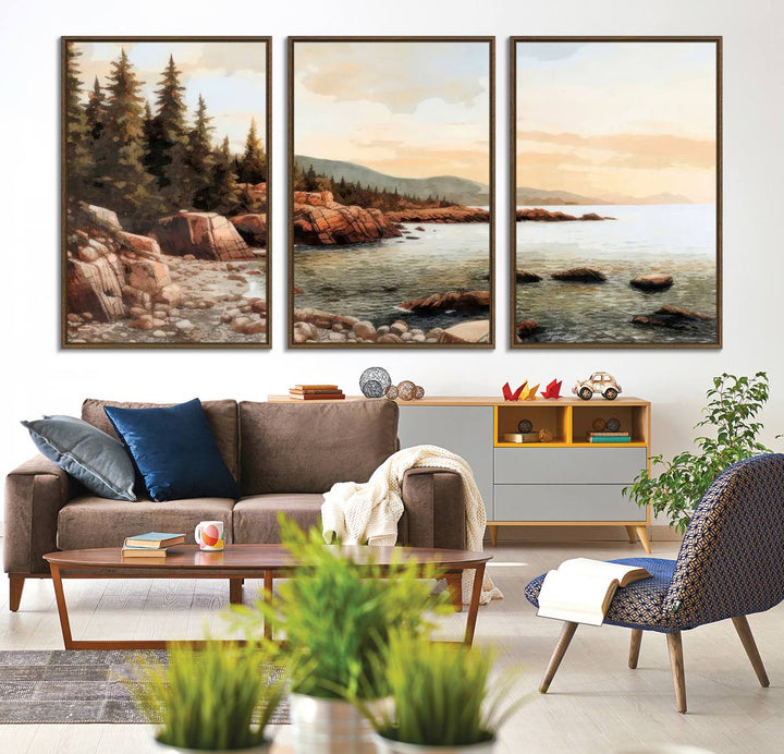 The Serene Coastal View of Acadia National Park 3-panel canvas, framed and ready to hang, adorns the wall.