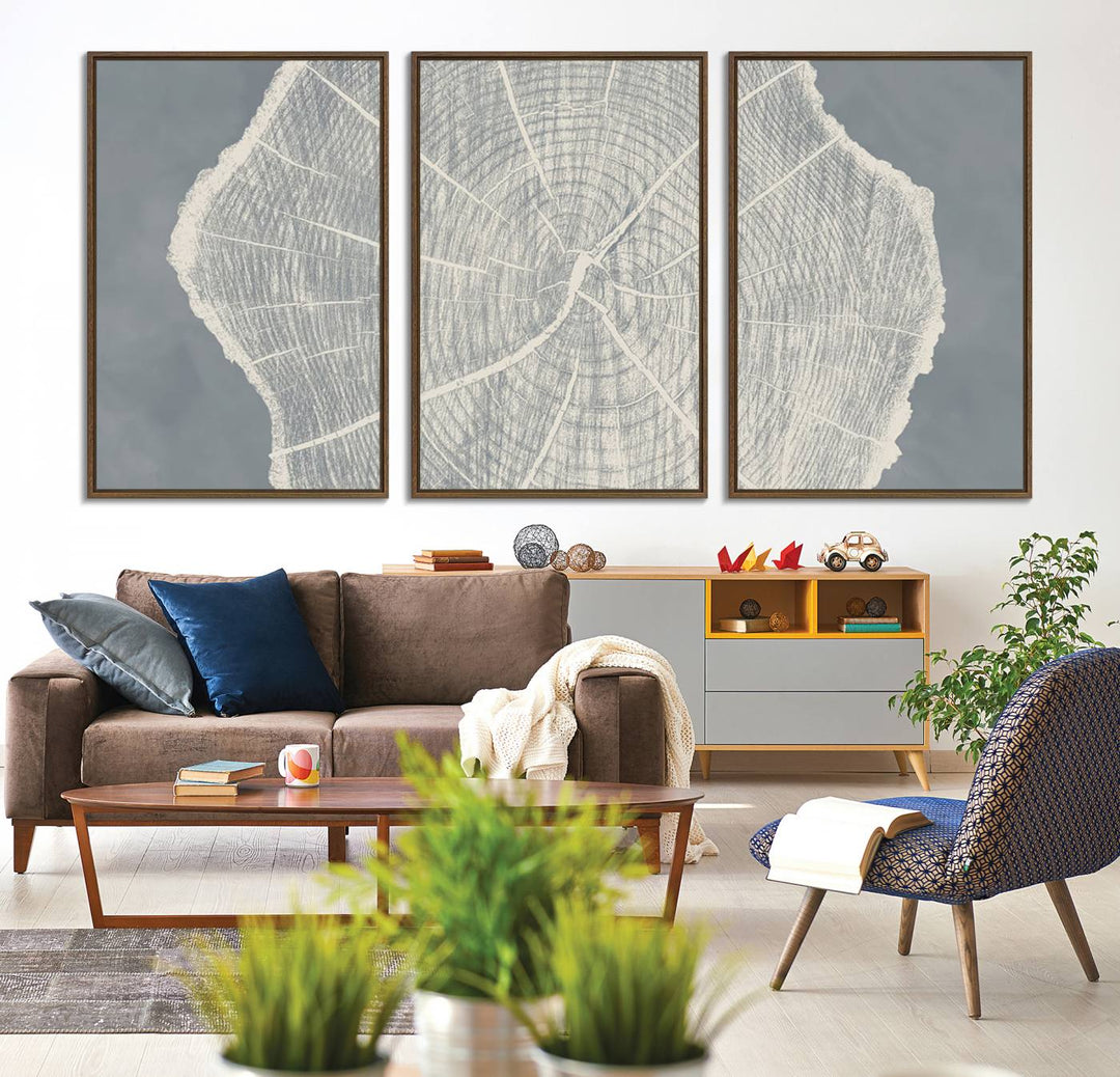 A gray wall displays the Abstract Tree Ring Wall Art print.