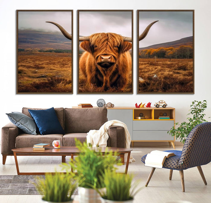 Highland Cow Longhorn Canvas Print, framed, on a wooden wall.