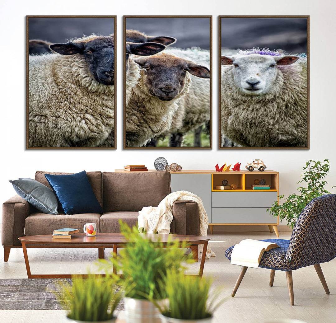 The Charming Sheep Portrait Wall Art hangs on a wooden wall.