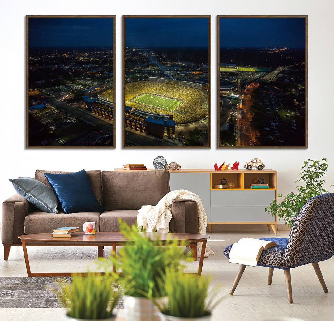 Aerial view of Michigan Stadium nightlife on canvas – Framed, ready-to-hang sports arena wall art.