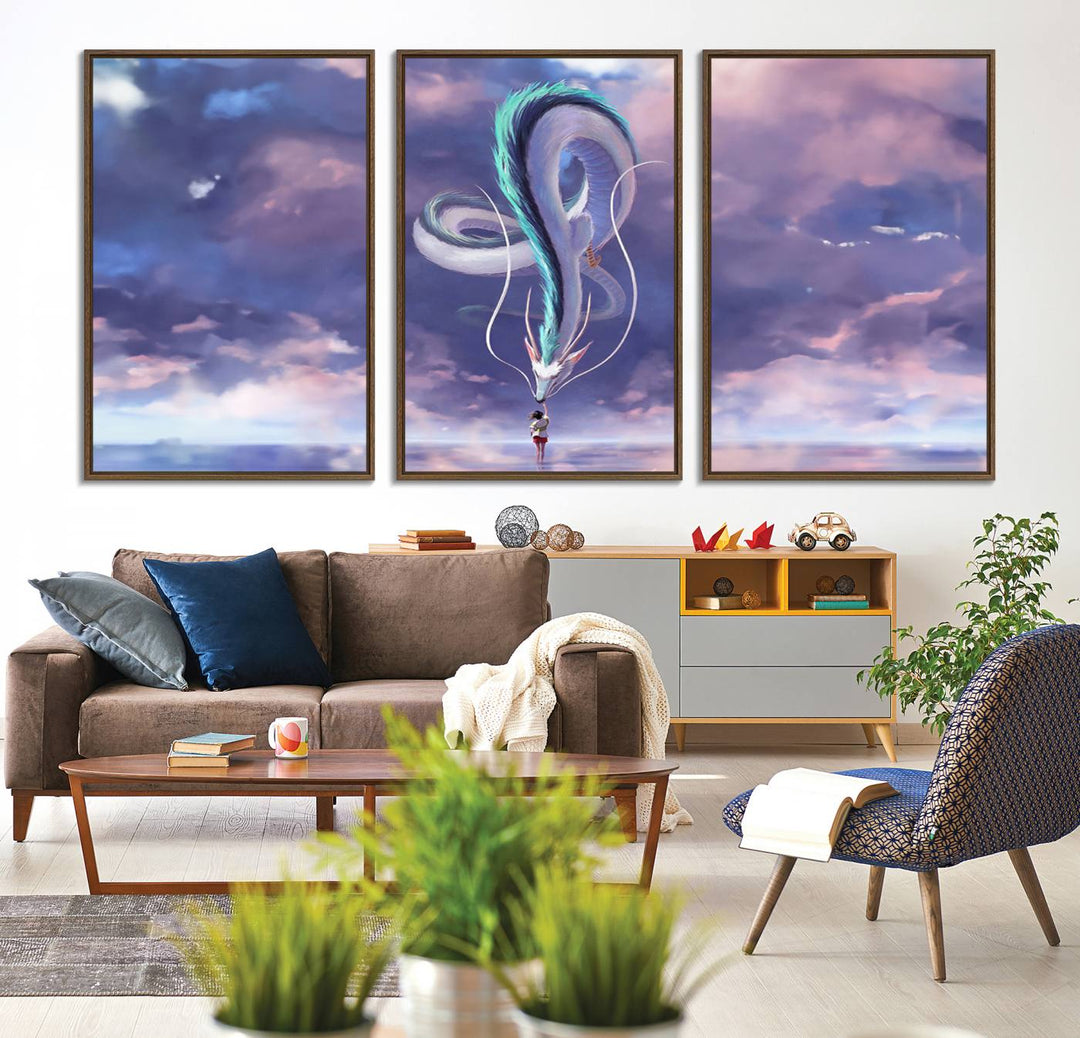 The Spirited Away Haku and Chihiro poster captures a cherished scene for anime lovers under a colorful, cloudy sky.