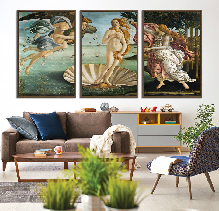 A canvas print of Botticellis The Birth of Venus is displayed on the wall.