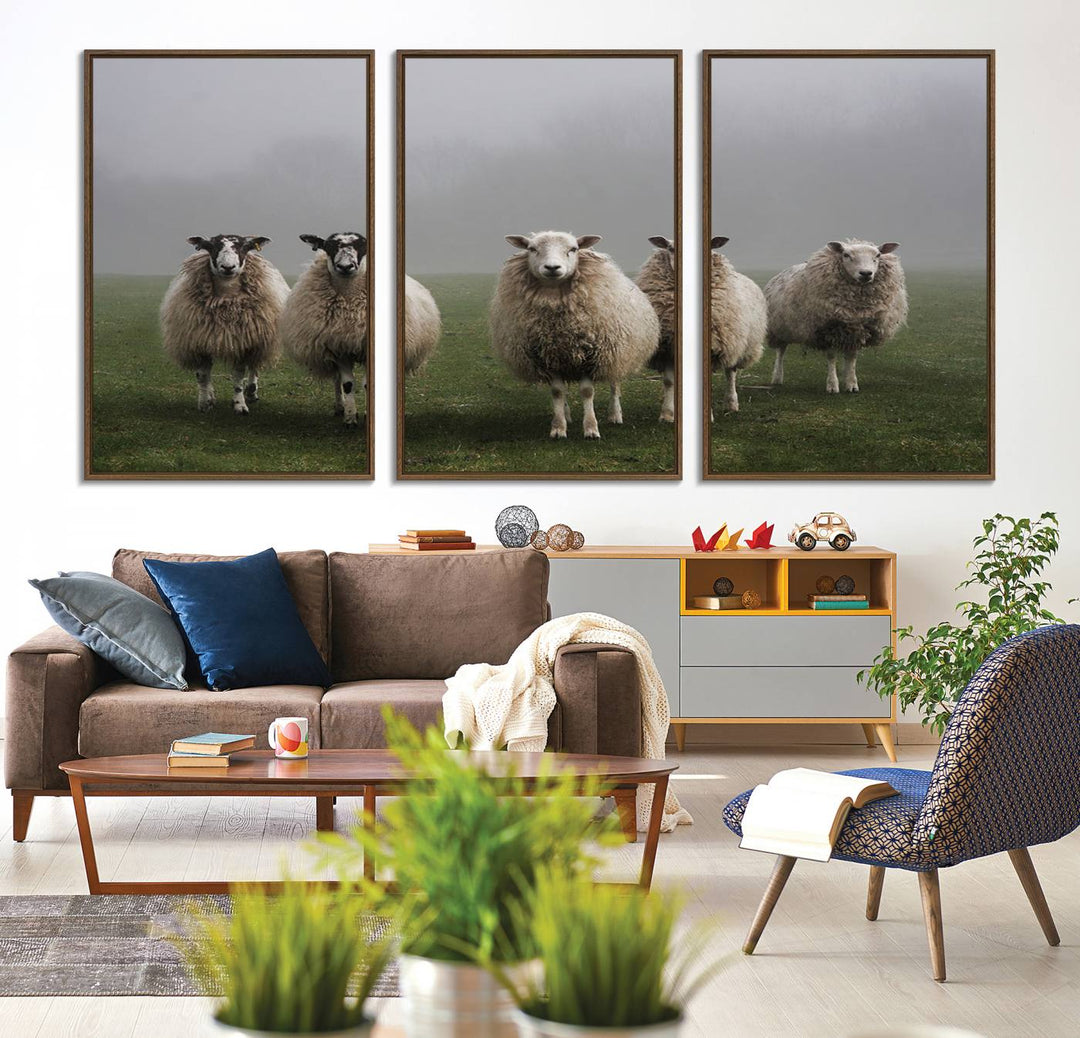 The Flock of Sheep in a Mystical Fog canvas print is framed and ready to hang.