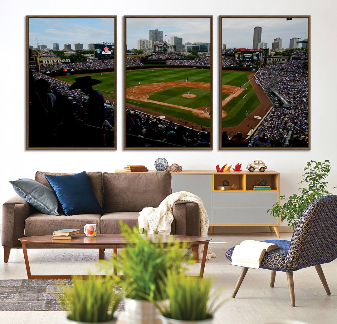 Admire this museum-quality canvas print of a Chicago Cubs game with a cityscape view from the stands at Wrigley Field.