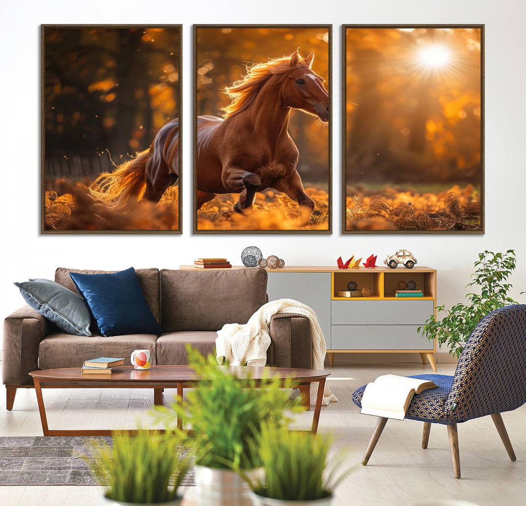 The Running Horse Sunset Forest Wall Art Canvas Print showcases a gallop in an autumn forest with sunlight streaming through the trees.