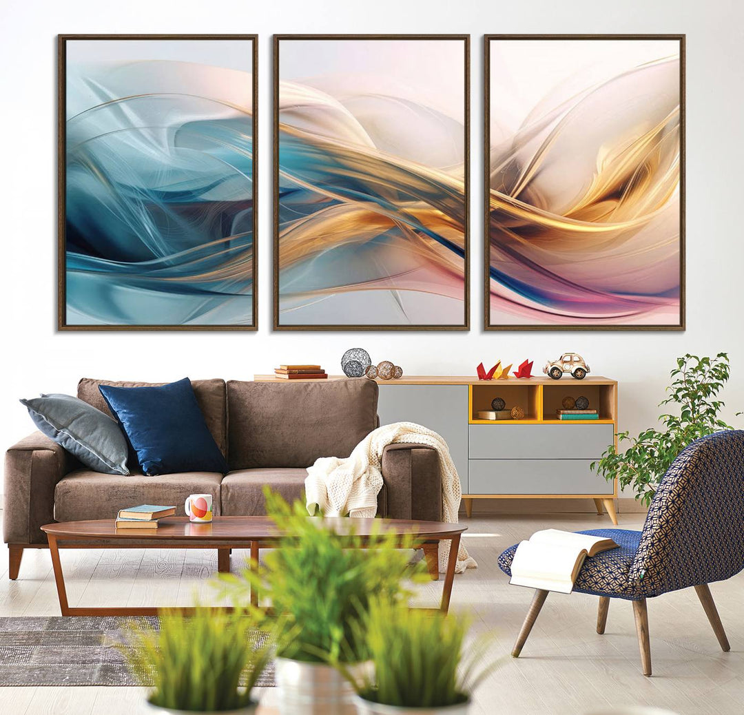 Abstract Flowing Colors Wall Art featuring blue, gold, and pink adds modern elegance to the space.