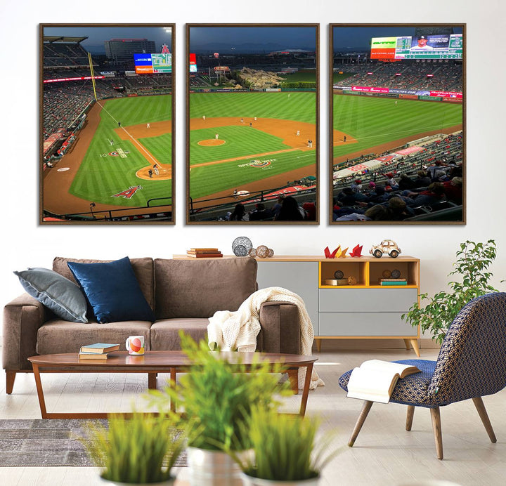 The Angel Stadium Aerial View canvas print of an Angels baseball game is showcased.