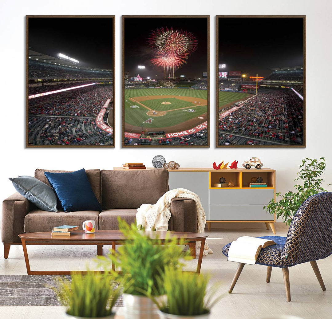 Fireworks at Angel Stadium – LA Angels Night Game Canvas Print, framed and ready to hang.