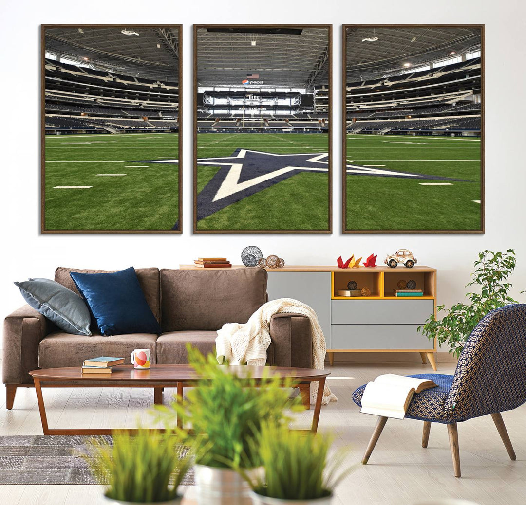 AT&T Stadium Dallas Cowboys Canvas Print displayed above a dining table.