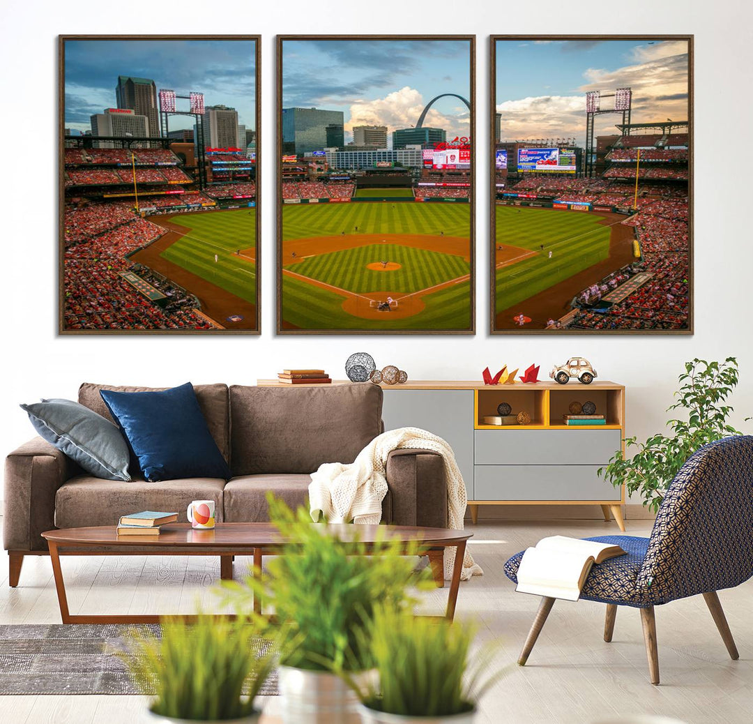 A Busch Stadium canvas print featuring a cityscape, ideal for enhancing living room or man cave sports decor.